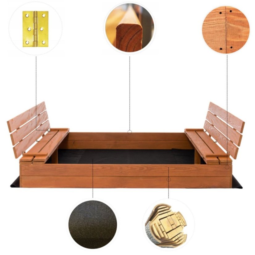 Sandkasten mit Bänken 160cm imprägniert + Abdeckfolie + Agrotextil SUN