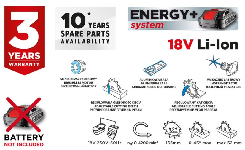 Akku-Kreissäge Energy+ 18V, Li-Ion, Blatt 165 x 20 mm, ohne Batterie 58G023