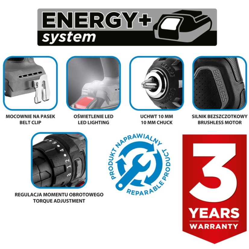 Akumulatorska bušilica/odvijač, 10 mm, 18 V, kompaktna, Energy+, bez baterije 58ge139
