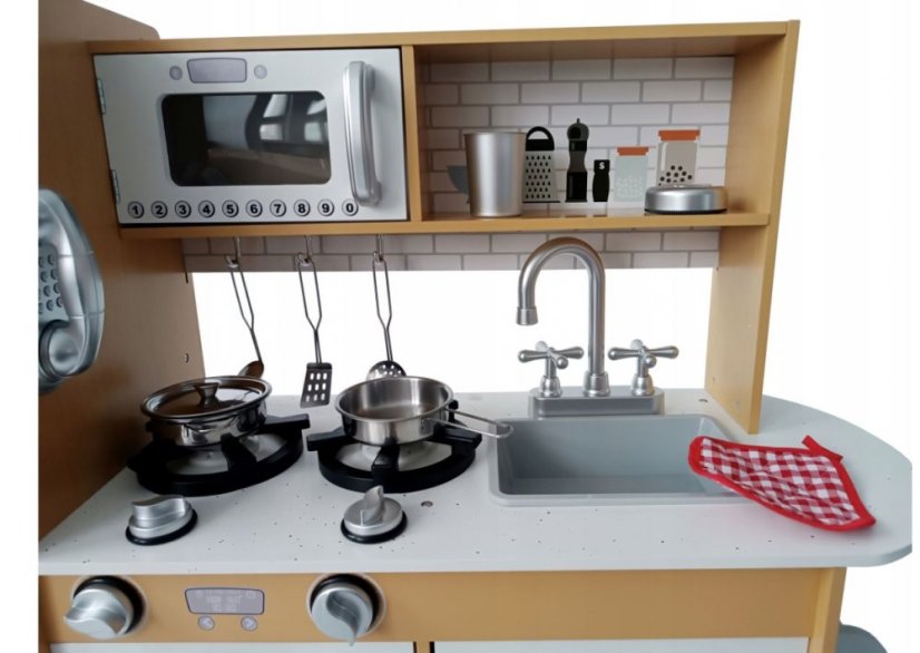 Fa játékkonyha gyerekeknek kiegészítőkkel fehér - barna
