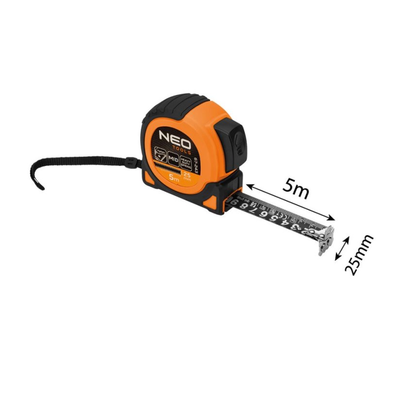 Super crna čelična mjerna traka 5 m x 25 mm, automatsko zaključavanje, dva gumba za zaustavljanje, magnet 67-243