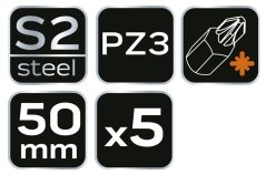 Burghie de impact S2, 50 mm, PZ3 - 5 bucăți. 09-580