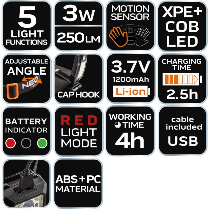 Baterie USB čelovka 250 lm COB LED + senzor pohybu 99-073