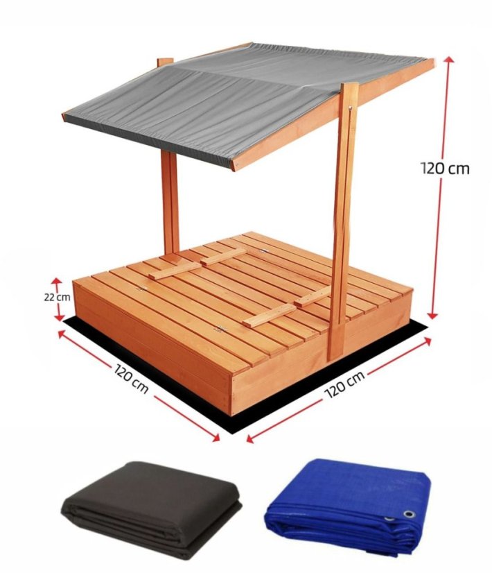 Sandkasten 120cm mit Bänken und Dach imprägniert + Abdeckung + Agrotextil Grau