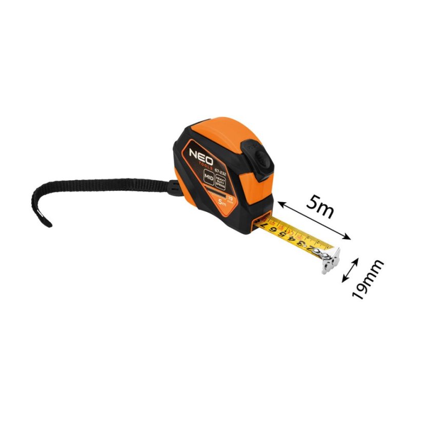 Čelična mjerač trake 5 m x 19 mm, automatsko zaključavanje, gumb za zaustavljanje, magnet 67-232