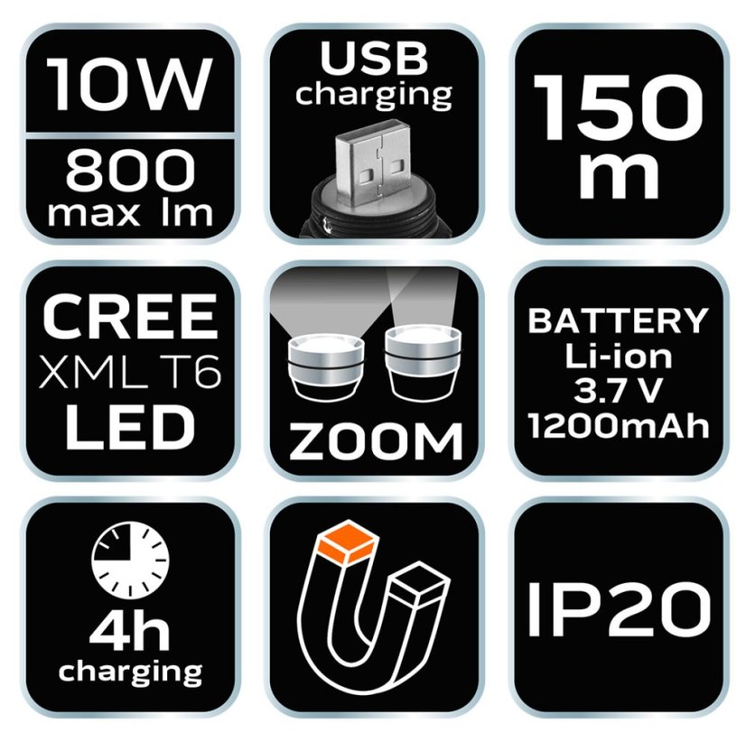 LED čelovka, 800 lm, USB nabíjecí 99-026