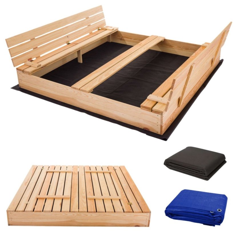 Sandkasten mit Bänken 160cm + Abdeckplane + Agrotextil SUN