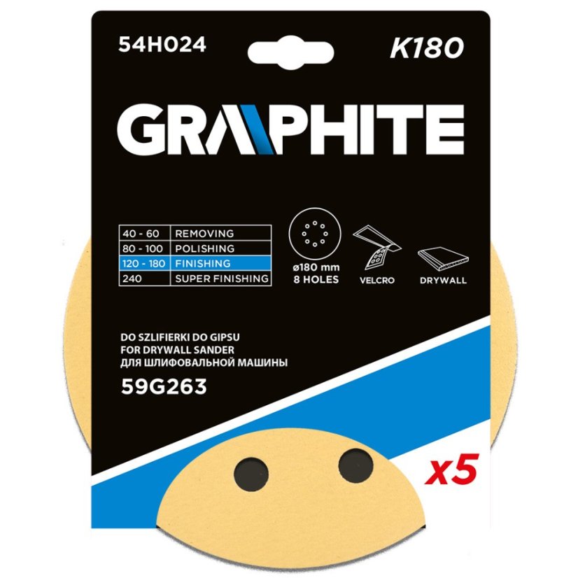 Brusni papir na čičak 180 mm, K180, 5 kom, sa 8 rupa za brusilicu 59G263 54H024