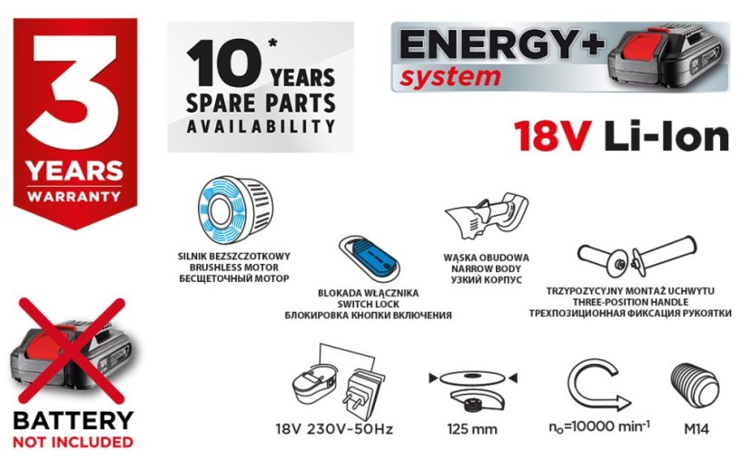 Akumulatorska kutna brusilica bez četkica Energy+ 18V, Li-Ion, disk 125mm, bez baterije 58G026